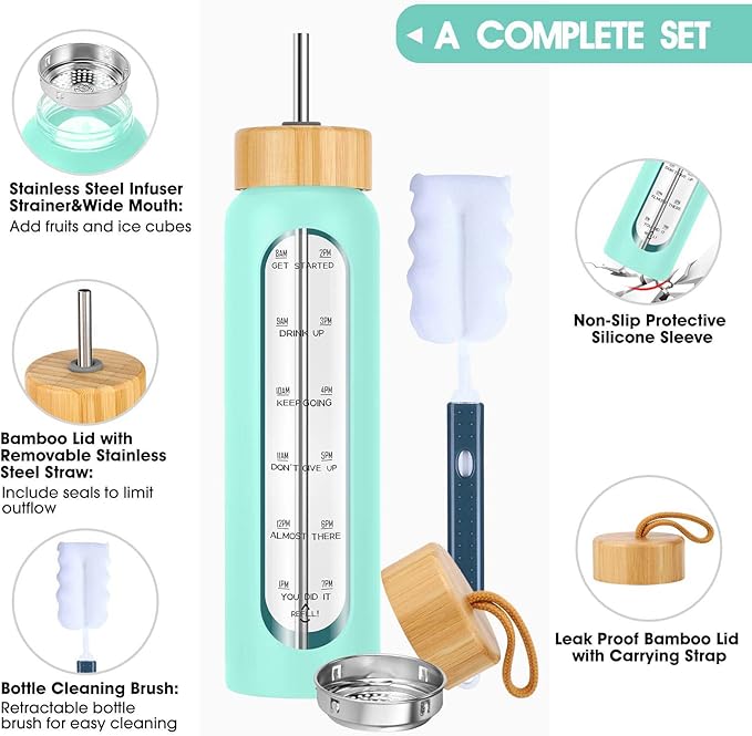 32 oz Glass Water Bottle with Straw - Motivational Time Marker & Silicone Sleeve - Reusable Tumbler Includes 2 Bamboo Lids & Fruit Infuser - 1 Pack-CasaMuseHome