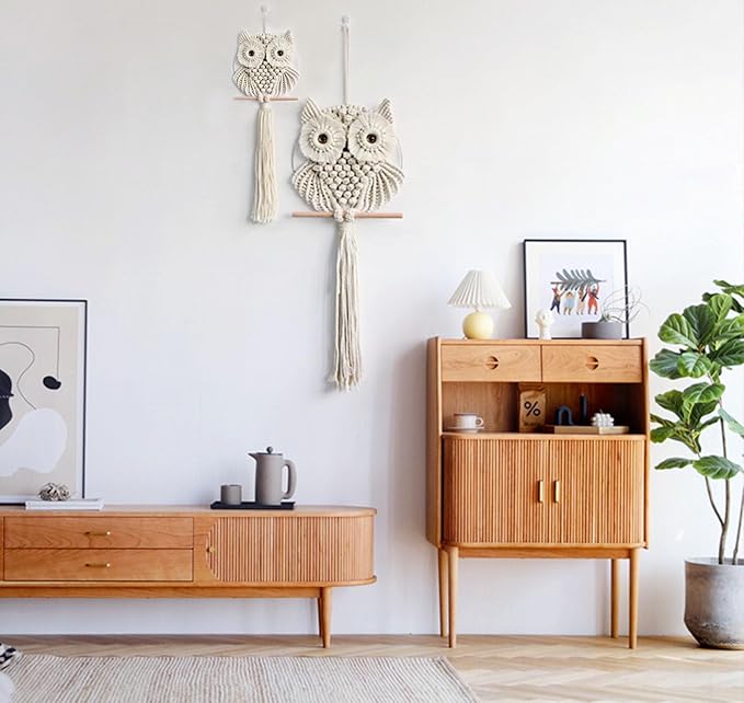 Achart Owl Macrame Wall Hanging-Hand Woven Boho Tapestry-Macrame Wall Decor -Owl Decor for Bedroom, Living Room, Nursery (Beige-L&S)-CasaMuseHome