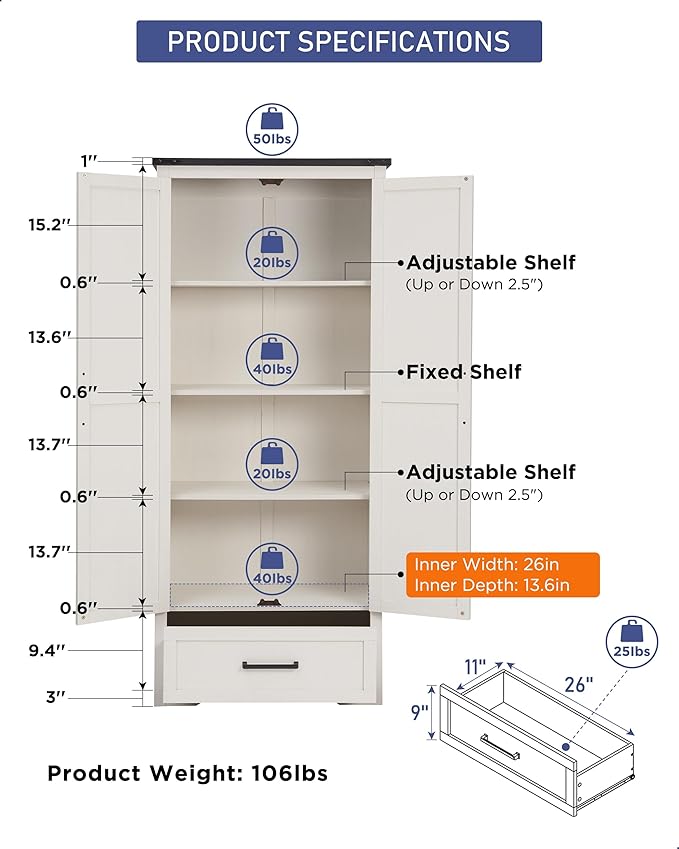 72" Tall Wood Storage Cabinet, Farmhouse Kitchen Pantry Cabinet with Adjustable Shelves & Drawer & Barn Doors, Versatile Storage for Kitchen, Dining Room, Bathroom, Antique White-CasaMuseHome