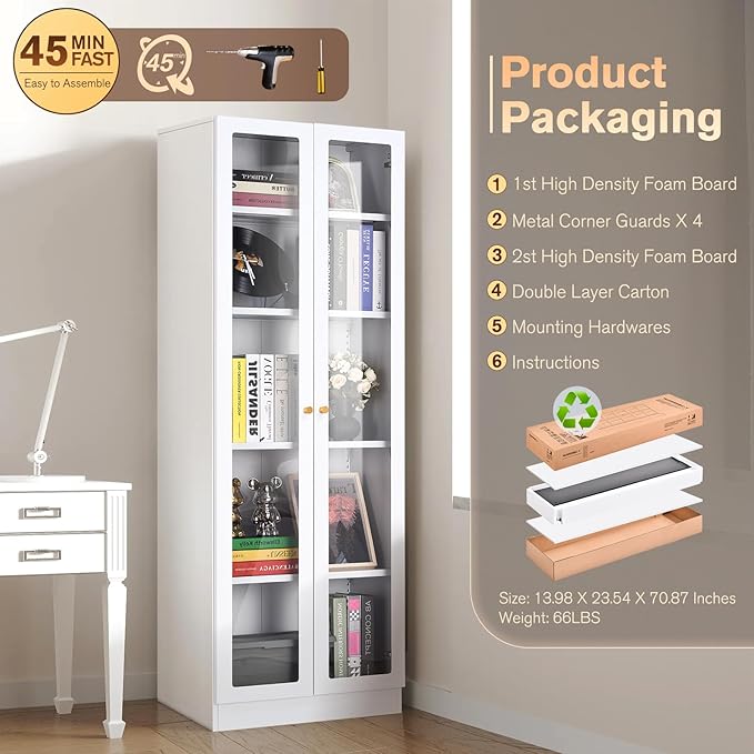 5 Tier Metal Curio Cabinets, Modern Bookshelf Cabinet with 4 Adjustable Shelves, Cabinet Display Case for Home Office, Living Room, Pantry (White-23.54W)-CasaMuseHome