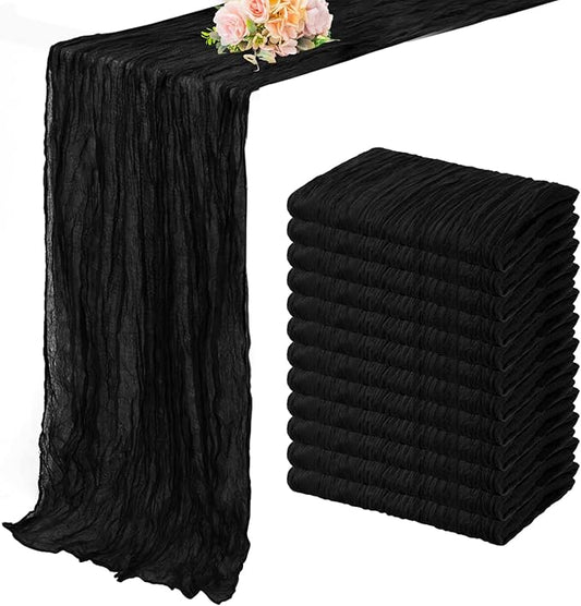 10FT 12 Pack Black Cheesecloth Table Runner 20 x 120 Inch Long Boho Fabric Rustic Cheese Cloth Table Runner for Wedding Bridal Shower Baby Shower Gauze Sheer Birthday Party Table Decorations-CasaMuseHome