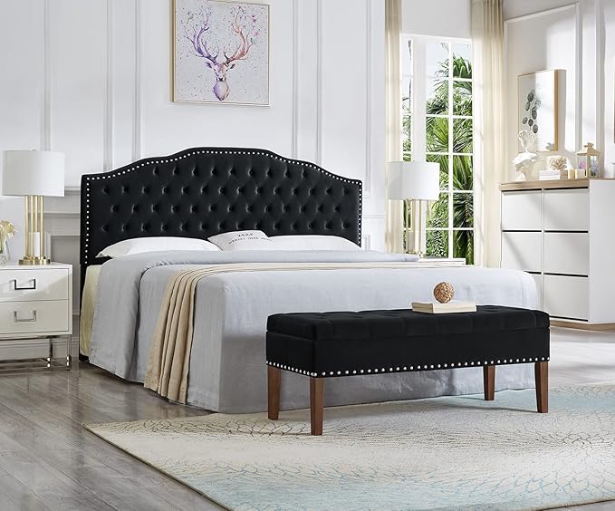 24KF Upholstered Button Tufted King Size Headboard with Nailhead Trim, Soft Velvet Fabric Headboard King/Cal King Size-Black-CasaMuseHome