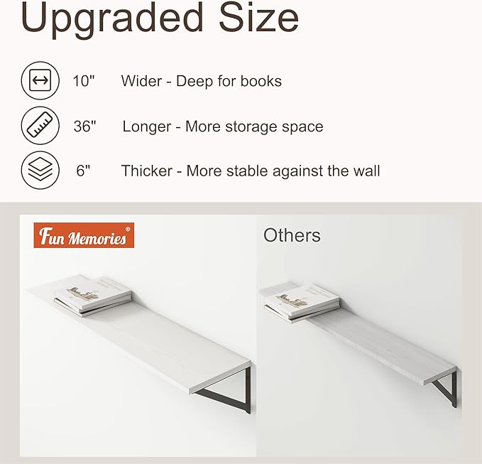 36"W x 10"D Floating Shelves, 10 Inch Deep White Floating Shelves, Farmhouse Rustic Deep Wall Shelves for Home Decor, Wide Large Floating Shelf for Bathroom, Living Room, Kitchen, Study Room-CasaMuseHome