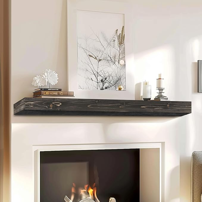 48x8x3 Fireplace Mantel - Handcrafted Hollow Rustic Solid Wood Wall Mounted Floating Shelf with Invisible Heavy Duty Wood Bracket (Weathered Black)-CasaMuseHome