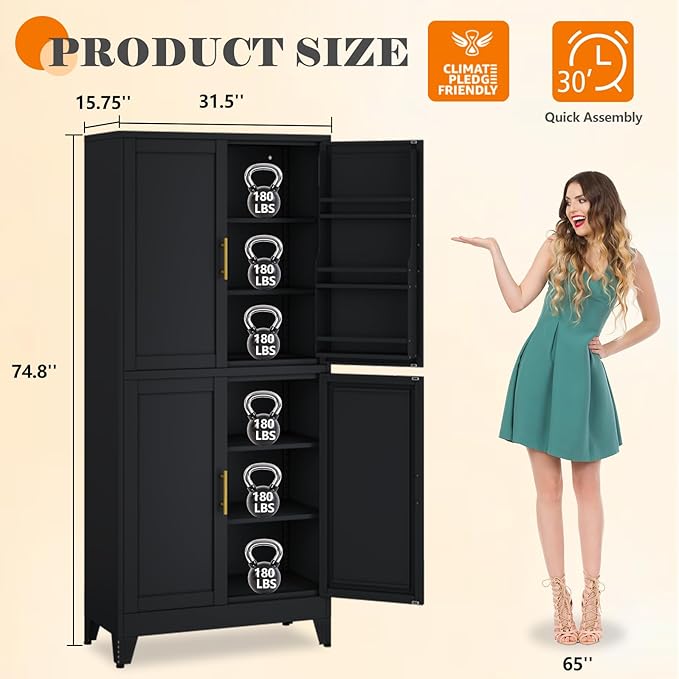 74.8" Tall Metal Food Cabinet, Black Kitchen Pantry Cabinet, Storage Cabinets with 4 Door and 4 Adjustable Shelves, Steel Freestanding Cupboard for Kitchen Dining Room Living Room Bathroom-CasaMuseHome
