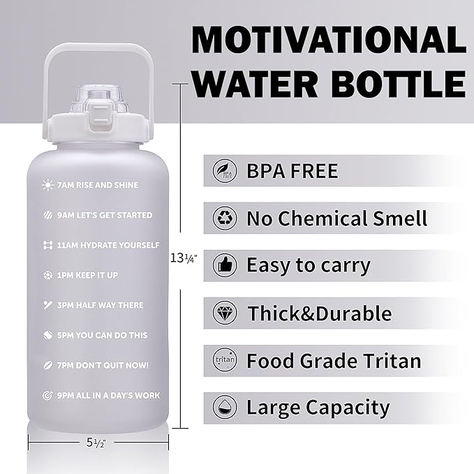 64oz,100oz,128oz Large Motivational Water Bottle with Time Marker, Leakproof & BPA Free Half Gallon Big Water Bottle with Straw Handle Tritan Frosted Water Jug for Gym,Fitness,Outdoor Sports-CasaMuseHome