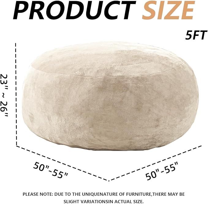 5FT，Big Bean Bag Chairs for Adults，Large beanbag with Filler Included，Memory Foam Material，Easy to Clean and Washable Corduroy Fabric，Suitable for Living Room and Bedroom (Apricot, 5 Foot)-CasaMuseHome