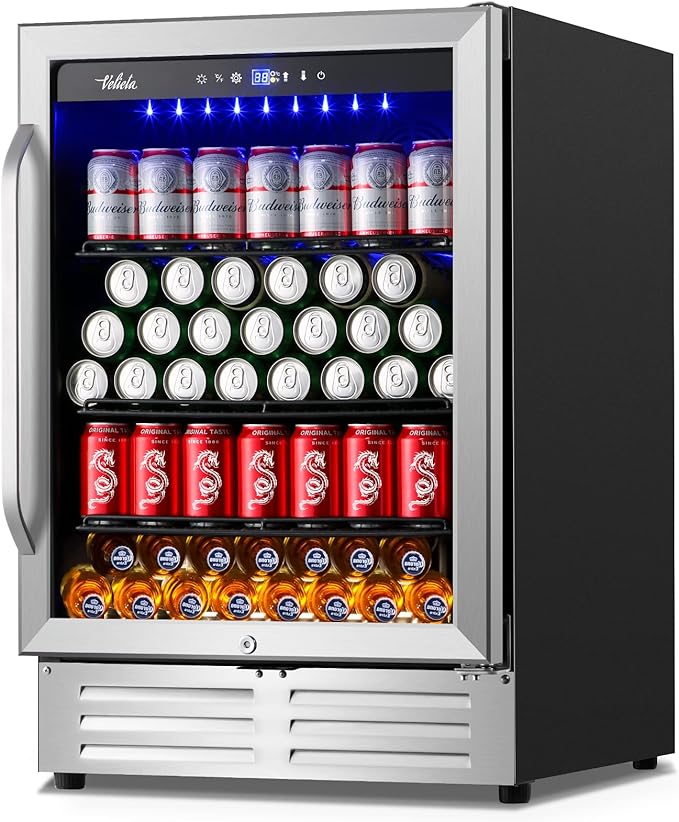 24 Inch Beverage Refrigerator Cooler,210 Cans Wide Beverage and Beer Fridge with Glass Door and Powerful Cooling Compressor, Built-in/Freestanding Drink Fridge for Kitchen, Bar or Office-CasaMuseHome