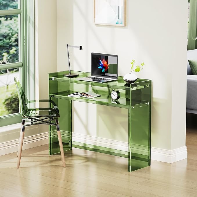 Acrylic Console Table, Entryway Table with Storage Shelves (Green)-CasaMuseHome