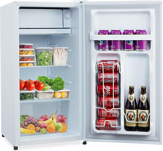 3.2 Cu.Ft Mini Fridge with Freezer, Small Refrigerator with Single Door and Adjustable Thermostat, Shelf, Energy Efficient, Compact Fridge for Bedroom, Office，white-CasaMuseHome