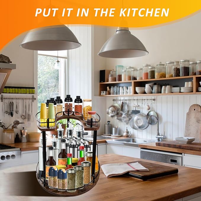 2-Tier Lazy Susan Organizer, Rotating Spice Rack with Stable Carousel Base & 4 Height Settings, Spice Rack Organizer for Cupboard Kitchen Countertop Dining Table-CasaMuseHome