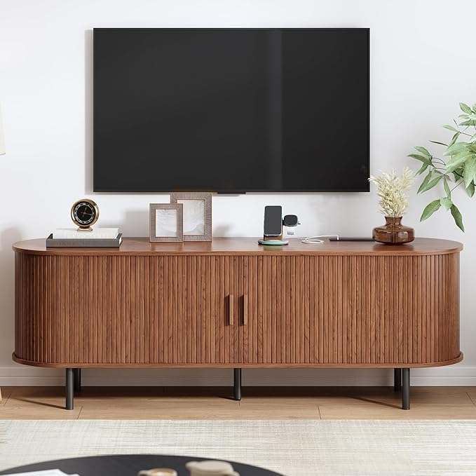 63" TV Stand with Power Outlet, Modern Media Console with Sliding Doors, Entertainment Center for TVs up to 60 Inch, Adjustable Shelves, Walnut-CasaMuseHome