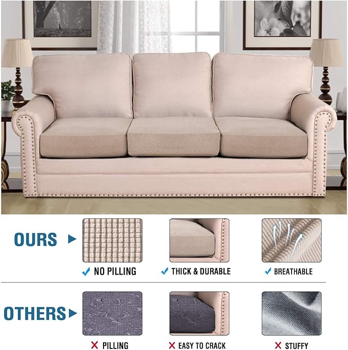 H.VERSAILTEX Super Stretch Individual Seat Cushion Covers Sofa Covers Couch Cushion Cover Slipcover Sets Thick Jacquard Textured Twill Fabric (3 Piece XL Sofa Cushion Covers, Sand)-CasaMuseHome