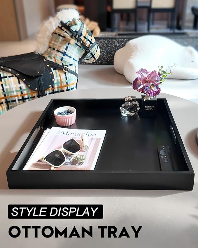 22 Inches Square Wood Ottoman Tray Black, Extra Large Wooden Serving Tray with Handles for Living Room, Serving Food Breakfast, Ottoman Coffee Table Couch Sofa Kitchen-CasaMuseHome