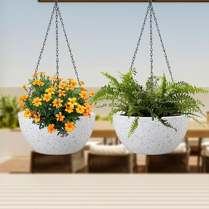 8 inch Hanging Planters for Small Indoor Outdoor Plants, 2 Pack Hanging Flower Pots with Drainage Holes and Chain for Garden Porch, Plastic Hanging Baskets for House Plants, Speckled White-CasaMuseHome