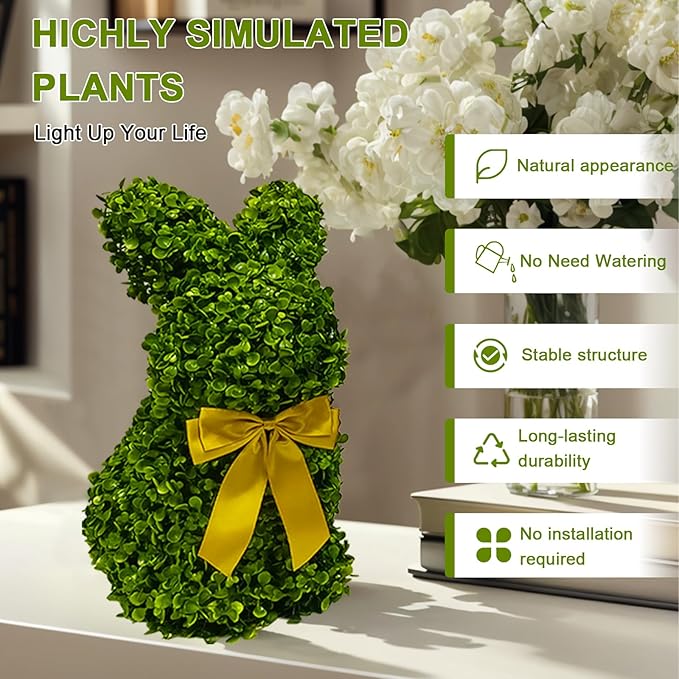 2 Pcs Artificial Bunny Shaped Topiary Trees, Artificial Green Boxwood Bunny Decorations with Gold Bow, Perfect for Indoor & Outdoor Front Porch, Easter& Garden Decor (Bunny Tree Without Base)-CasaMuseHome