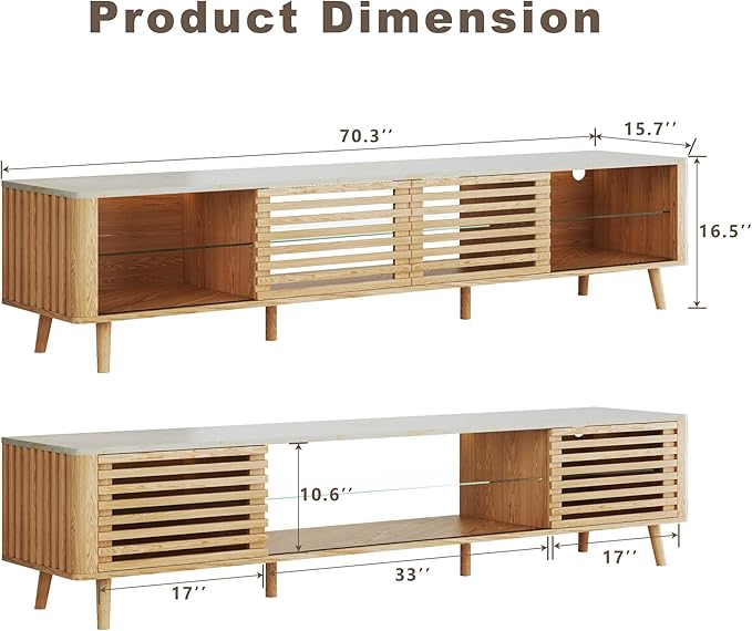 70" Mid Century Modern TV Stand for 55/65/75 Inch TV, Faux Marble Top Entertainment Center with Slatied Sliding Door & LED Lights, Low TV Console with Glass Shelves for Bedroom, Living Room-CasaMuseHome