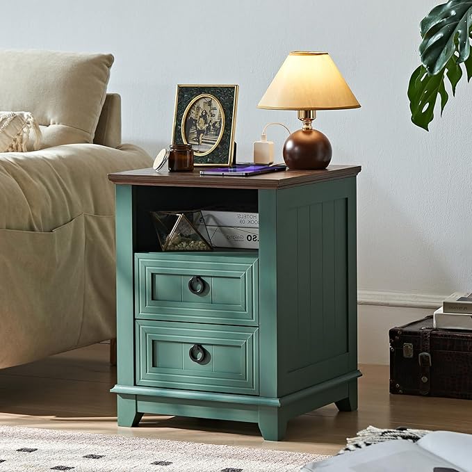 18" Farmhouse Night Stands Set of 2 with Charging Station, 2 Drawers Bedside End Table, Green Wooden Nightstand, Bed Side Table Cabinet with Open Shelf for Bedroom Living Room Office-CasaMuseHome