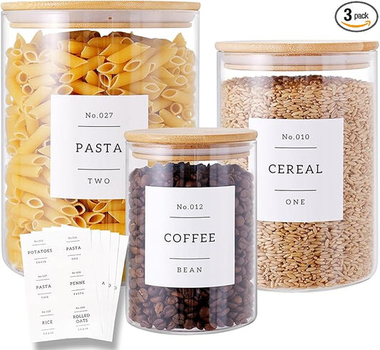 3 Pcs Glass Canisters with Airtight Bamboo Lids and 42 Kitchen Pantry Labels Preprinted - Clear Glass Flour and Sugar Storage Container Set - Large Glass Jars with Wood Lids(100 OZ/54 OZ/27 OZ)-CasaMuseHome