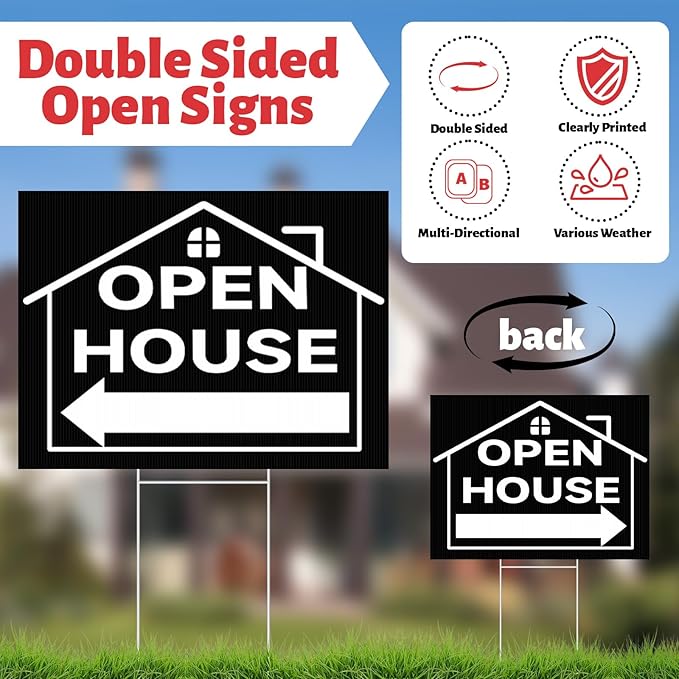 44 Pcs Open House Signs for Real Estate, Double Sided Open House Flag Kit, 7.6 x 5.4 Ft Black Banner Flag Poles Set for Outside, Directional Arrows Sign Stakes Balloons for Open House Supplies-CasaMuseHome