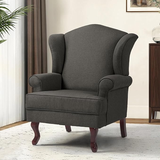 Accent Chair, High Back Upholstered Armchair with High Resilience Sponge & Wood Legs, Mid-Century Modern Comfy Single Sofa Reading Chairs for Living Room, Bedroom (Dark Grey, Set of 2)-CasaMuseHome