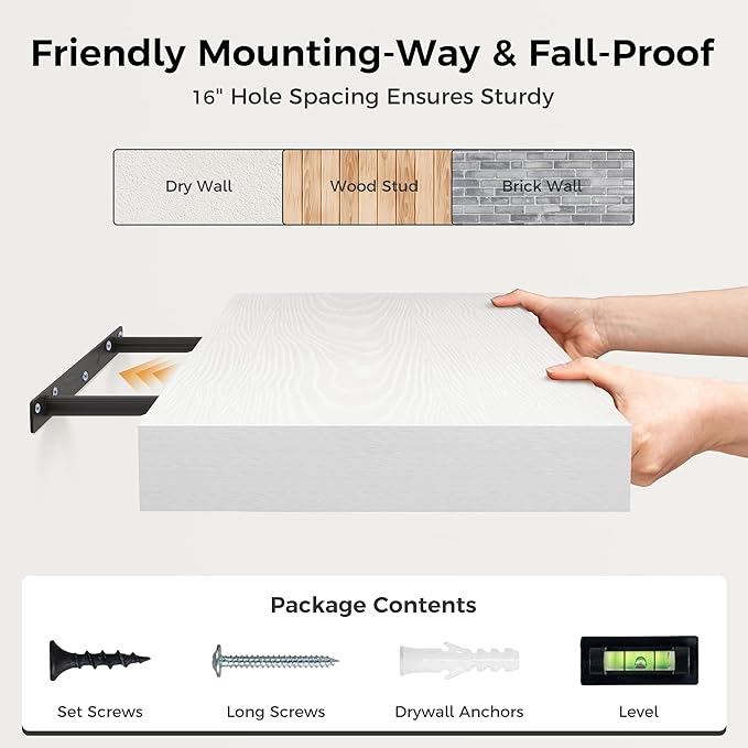 12 Inch Deep White Floating Shelves, 24 x 12 Floating Shelf for Books, Rustic Wood Deep Wall Shelves for Home Storage & Display, 2" Thicked Shelves for Kitchen, Living Room, Bedroom, 2 Pack-CasaMuseHome