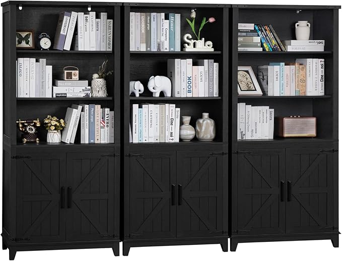 70in Tall Bookshelf 5 Tier Bookcase with Barn Doors and Adjustable Shelves, Black Farmhouse Book Shelf with Storage Cabinet, Wood Freestanding Display Bookshelves for Bedroom, Kitchen (3PCS)-CasaMuseHome