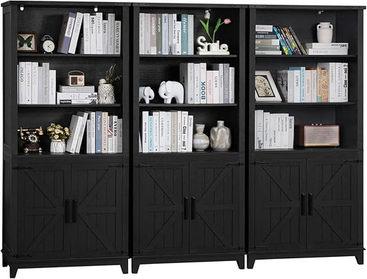 70in Tall Bookshelf 5 Tier Bookcase with Barn Doors and Adjustable Shelves, Black Farmhouse Book Shelf with Storage Cabinet, Wood Freestanding Display Bookshelves for Bedroom, Kitchen (3PCS)-CasaMuseHome