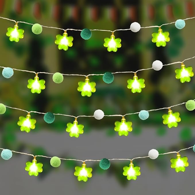 9.85Ft St Patricks Day Lights Garland 20 Pompoms 20 LEDs Green Lucky Clover Lights Shamrock String Lights with Timer for Indoor Bedroom Party Bar Garden St. Patrick's Day Decoration Green Irish Decor-CasaMuseHome