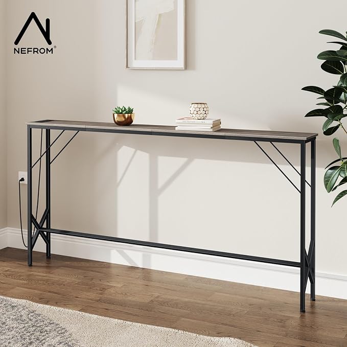63'' Console Table, Skinny Entryway Table with Fast-Charging Station, Narrow Long Sofa Table, Behind Slim Couch Table for Entrance, Hallway, Living Room Decor ST-GY160-1-CasaMuseHome