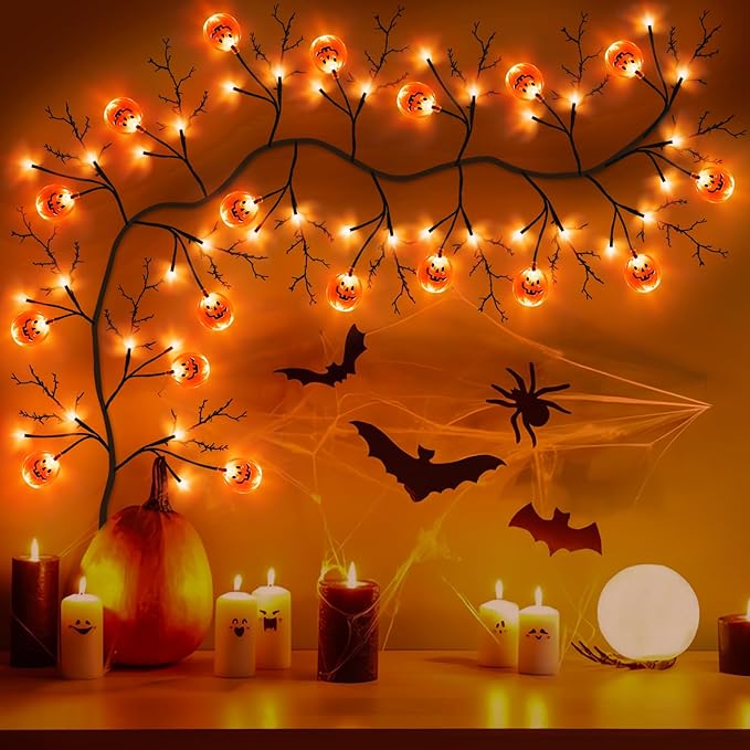 7 Ft 63 LED Halloween Decorations Willow Vine Twig Garland with 8 Modes Timer 21 Pumpkin Orange Lights, Halloween Garland with Waterproof Battery Operated for Indoor Wall Fireplace Decorations-CasaMuseHome