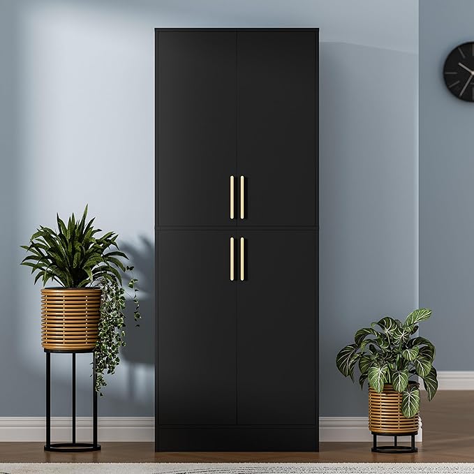 71" Tall Pantry Cabinet, 4 Doors Kitchen Pantry Storage Cabinet, Freestanding Larder Cupboard, Kitchen Hutch with Gold Handles for Dining Room, Bathroom, Black-CasaMuseHome