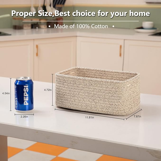 4 Pack Small Storage Shelf Baskets for Organizing, Mini Woven Rope Storage Bins for Towels, Cute Decorative Closet Organizer，Baby Nursery, Gift Empty Baskets -11.81''Lx7.87''Wx4.72''H'-Brown-CasaMuseHome