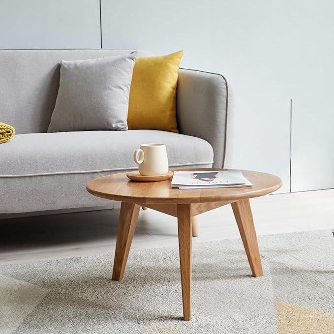 100% Solid Oak Wood Mini Coffee Table, Round Living Room Table Side Table w/Solid Wood Legs, Walnut Mid Century Sturdy Tables for Bedroom Balcony Living Room (23.62" D x 13.78" H)-CasaMuseHome