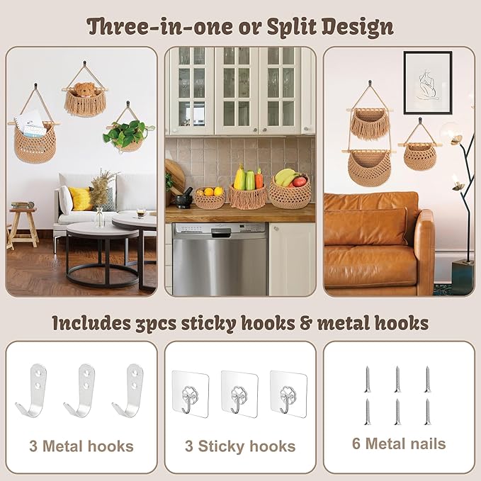 3 Tier Hanging Fruit Basket for Kitchen, Handmade Woven Cotton Hanging Wall Basket for Fruit Vegetable with 6 Hooks, Boho Style Over The Door Organizer for Living Bathroom Bedroom-CasaMuseHome