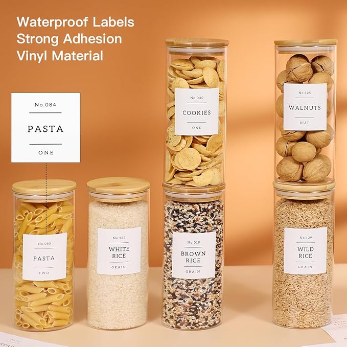 6 Pack Glass Jar with Airtight Bamboo Lid and White 132 Kichen Pantry Labels Preprinted - 28 Oz Clear Round Glass Food Storage Containers set For Tea Coffee Bean Cookie-CasaMuseHome