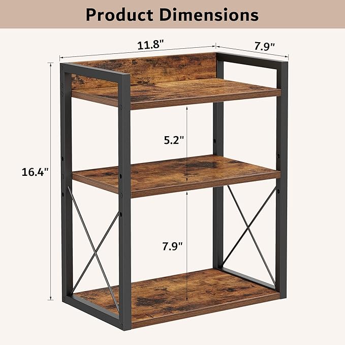 3-Tier Kitchen Spice Rack Organizer for Countertop, Coffee Counter Shelf, Mug Shelf, Bathroom Counter Organizer, Makeup Organizer, Rustic Brown and Black-CasaMuseHome