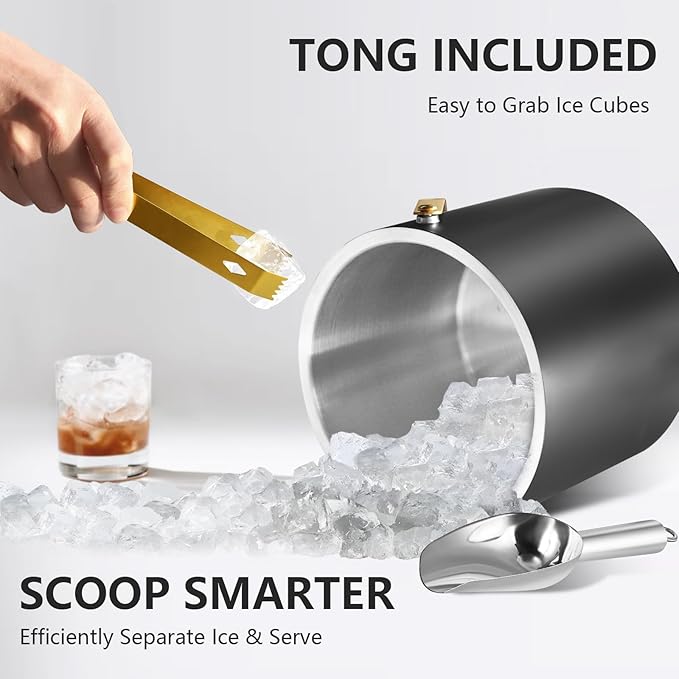 4L Ice Bucket with Silicone Lid, Scoop, Gold Tongs & Strainer, Stainless Steel Double Wall Insulated Ice Buckets for Parties & Cocktail Bar Outdoor Champagne Ice Container Bin, Black-CasaMuseHome
