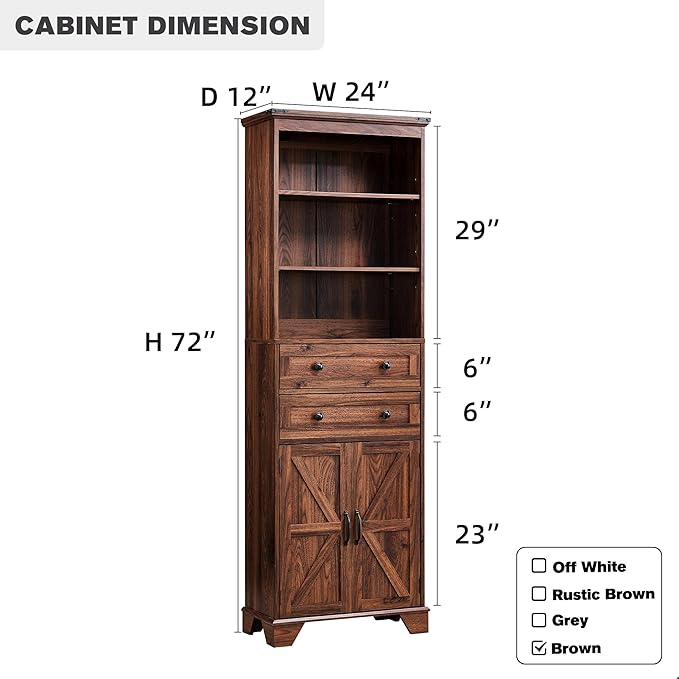 72" Tall Bathroom Storage Cabinet, Farmhouse Storage Cabinet with Adjustable Shelves, Barn Door & 2 Drawers, Cabinet for Bathroom, Living Room & Kitchen, Brown-CasaMuseHome