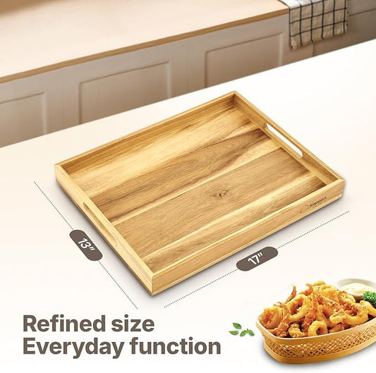 Koppen Acacia Wood Serving Tray with Handles, 17" x 13.86", Large Wooden Platter for Breakfast, Ottoman Tray for Party, Snacks, Fruit, Coffee Table, Living Room, Sofa, Bed, Outdoor-CasaMuseHome