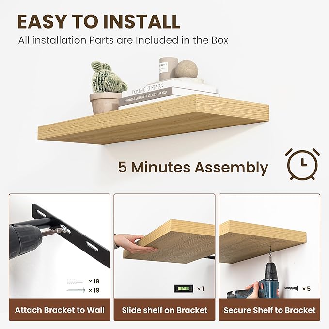 24 Inch Floating Shelves, 12 Inch Deep Floating Shelves for Wall, Floating Shelf with Invisible Brackets, Deep Shelves for Bathroom, Bedroom, Living Room, 2 Pack, Natural-CasaMuseHome