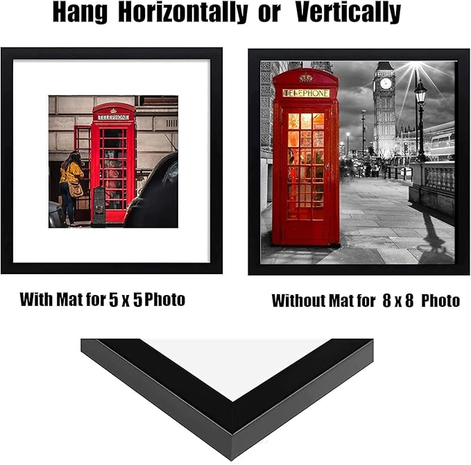 8x8 Picture Frame Set of 6, Display Pictures 5x5 with Mat or 8x8 Without Mat for Wall Mounting or Table Top Display,Black-CasaMuseHome