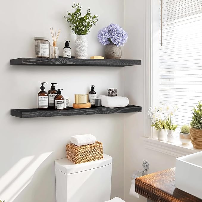 36"x6.8"x1.2" Solid Wood Floating Shelves 2-Pack - Rustic Black Finish with Hidden Brackets, Perfect for Storage and Décor in Living Room, Kitchen, Bedroom-CasaMuseHome