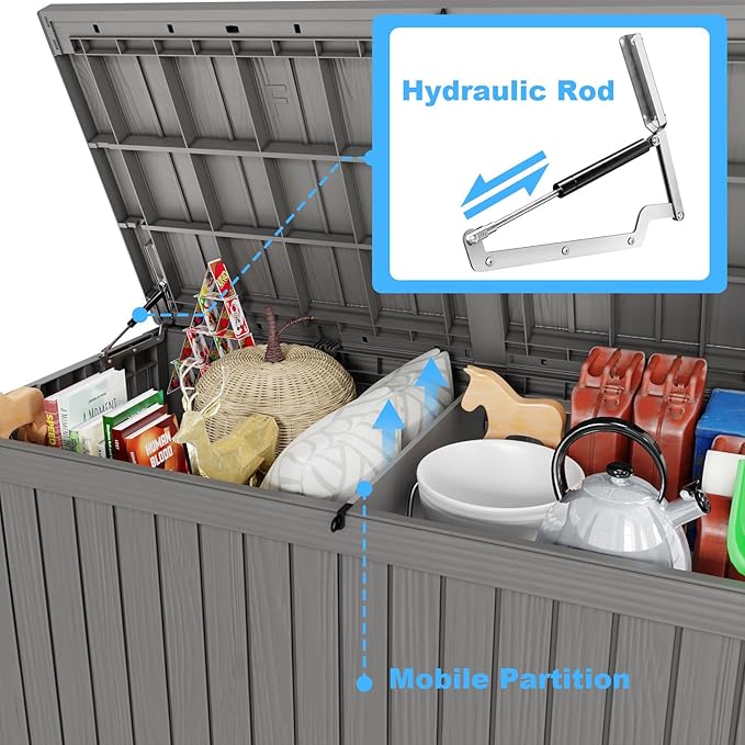 180 Gallon Deck Box,Resin Outdoor Storage Box with Lockable for Patio Furniture, Pool Accessories, Garden Tools Waterproof Outside Storage Box, Grey-CasaMuseHome