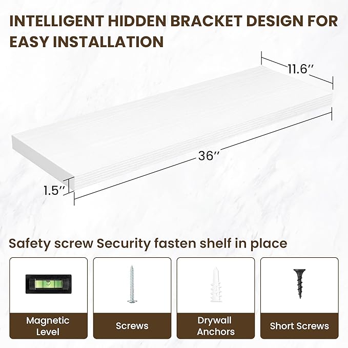 36 Inch Floating Shelves, 12 Inch Deep Floating Shelves for Wall, Floating Shelf with Invisible Brackets, Large Deep Wall Shelves for Bathroom, Bedroom, Living Room, 2 Pack, White-CasaMuseHome