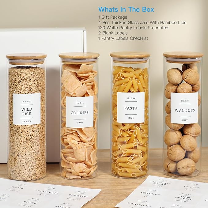 4 Pack Glass Jar with Airtight Wood Lid and White 132 Kichen Pantry Labels Preprinted - 38 Oz Clear Round Glass Food Storage Containers set For Cereal Rice Sugar-CasaMuseHome