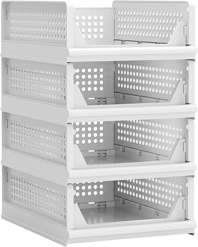 4 Pack Stackable Plastic Storage Basket Closet Organizer Bin Foldable Clothes Organizer Storage Drawer Shelf Container for Living Room Bathroom Kitchen Office (4S)-CasaMuseHome