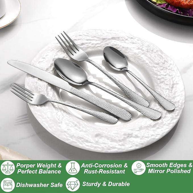 40 Pcs Silverware Set for 8 with Hammered Design, Food Grade Stainless Steel Flatware Set, Eating Utensils Sets Include Fork/Knife/Spoon, Reusable Cutlery Set, Dishwasher Safe-CasaMuseHome