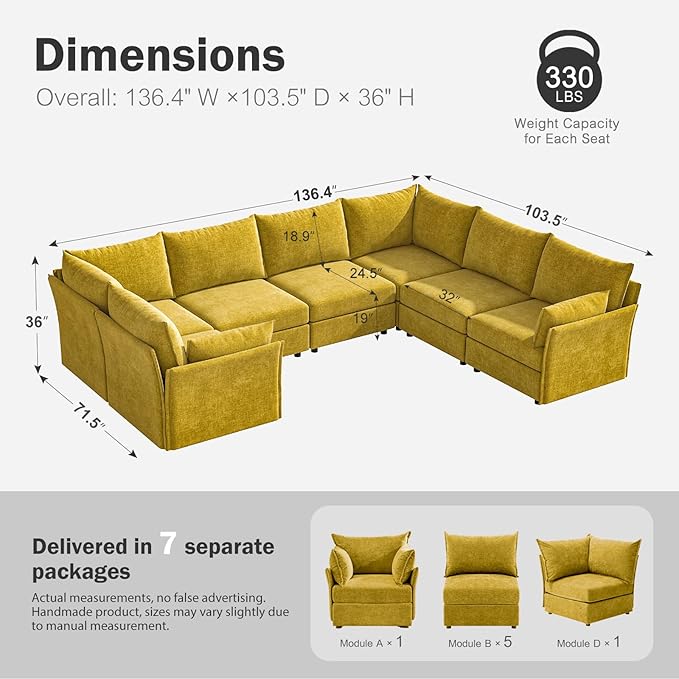 136.4" Oversized Modular Sectional Sofa, U Shaped Convertible Couch with Movable Ottoman, Large 7 Seat Corner Couches for Living Room Deep Seat Yellow Chenille-CasaMuseHome