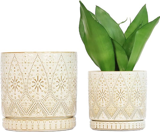 8 Inch + 6 Inch Indoor Plant Pot with Drainage Holes and Saucers, Ceramic Planter for Plants, Succulent Orchid Flower Pots-CasaMuseHome